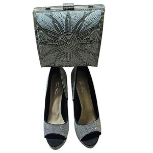 Elegant Silver and Black Peep Toe Heels with Matching Clutch